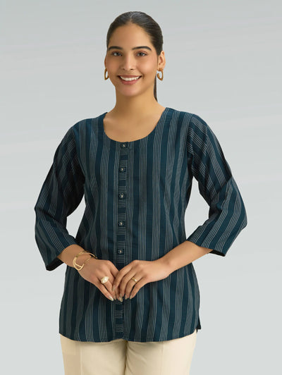 Dark Blue Striped Viscose Short Kurti