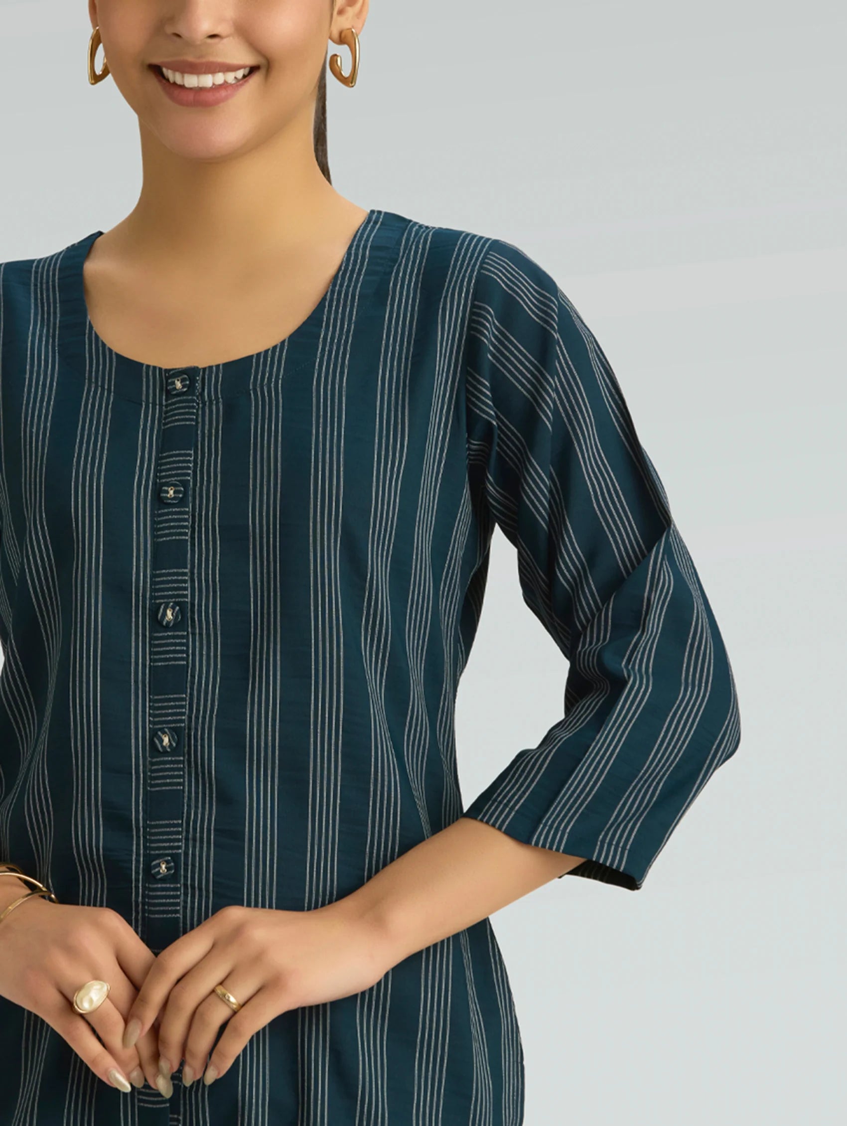 Dark Blue Striped Viscose Short Kurti