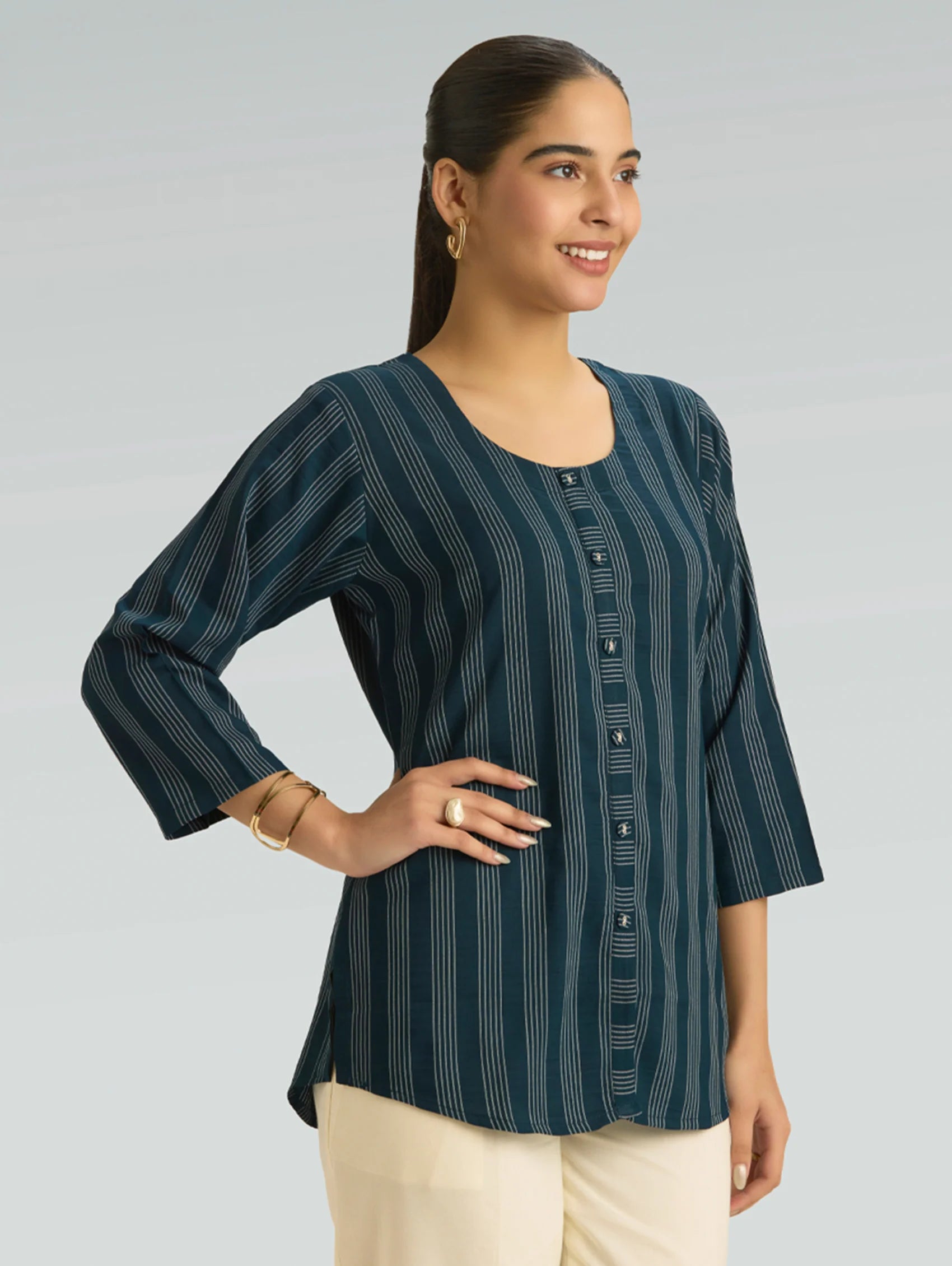 Dark Blue Striped Viscose Short Kurti