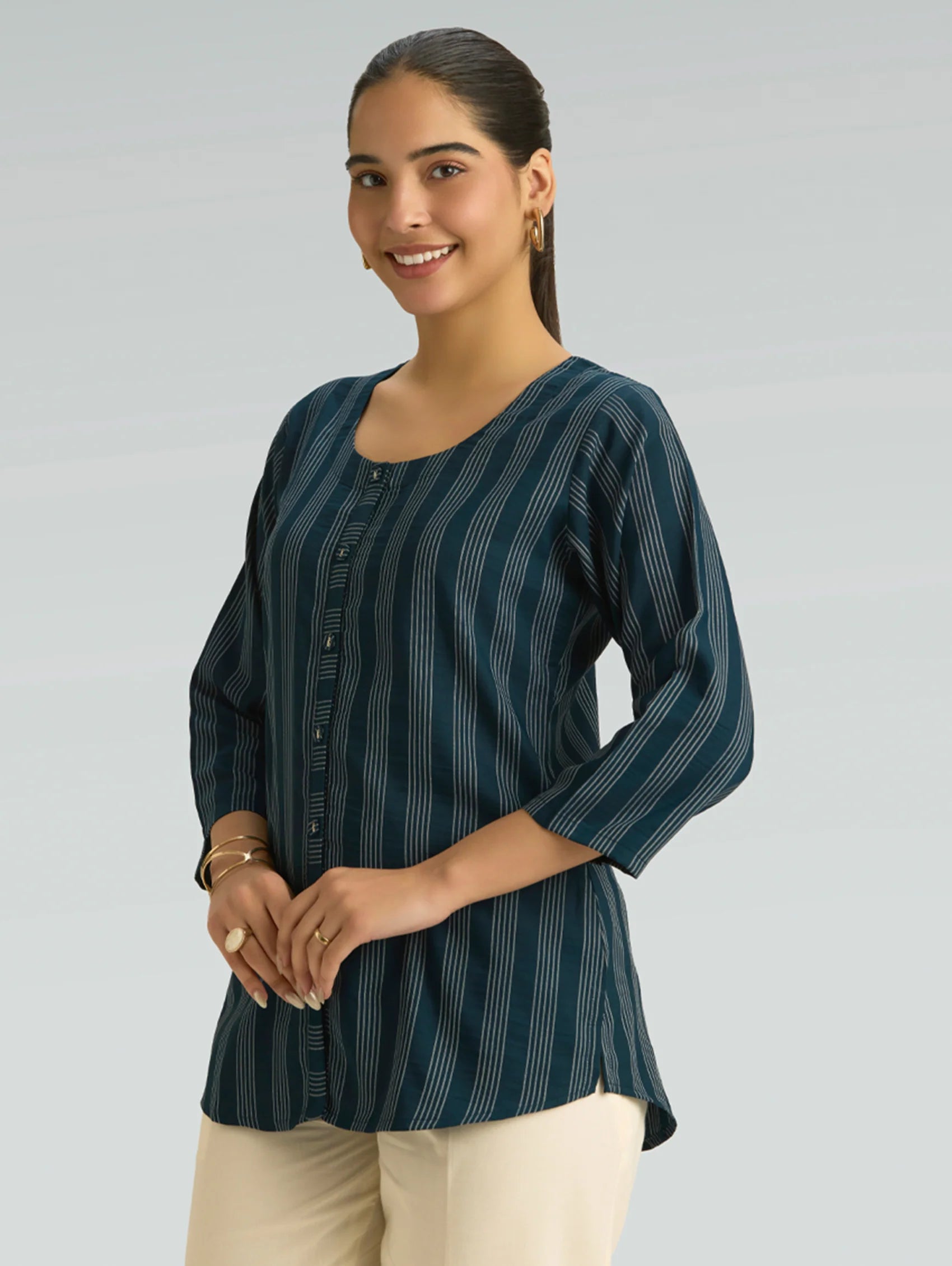 Dark Blue Striped Viscose Short Kurti