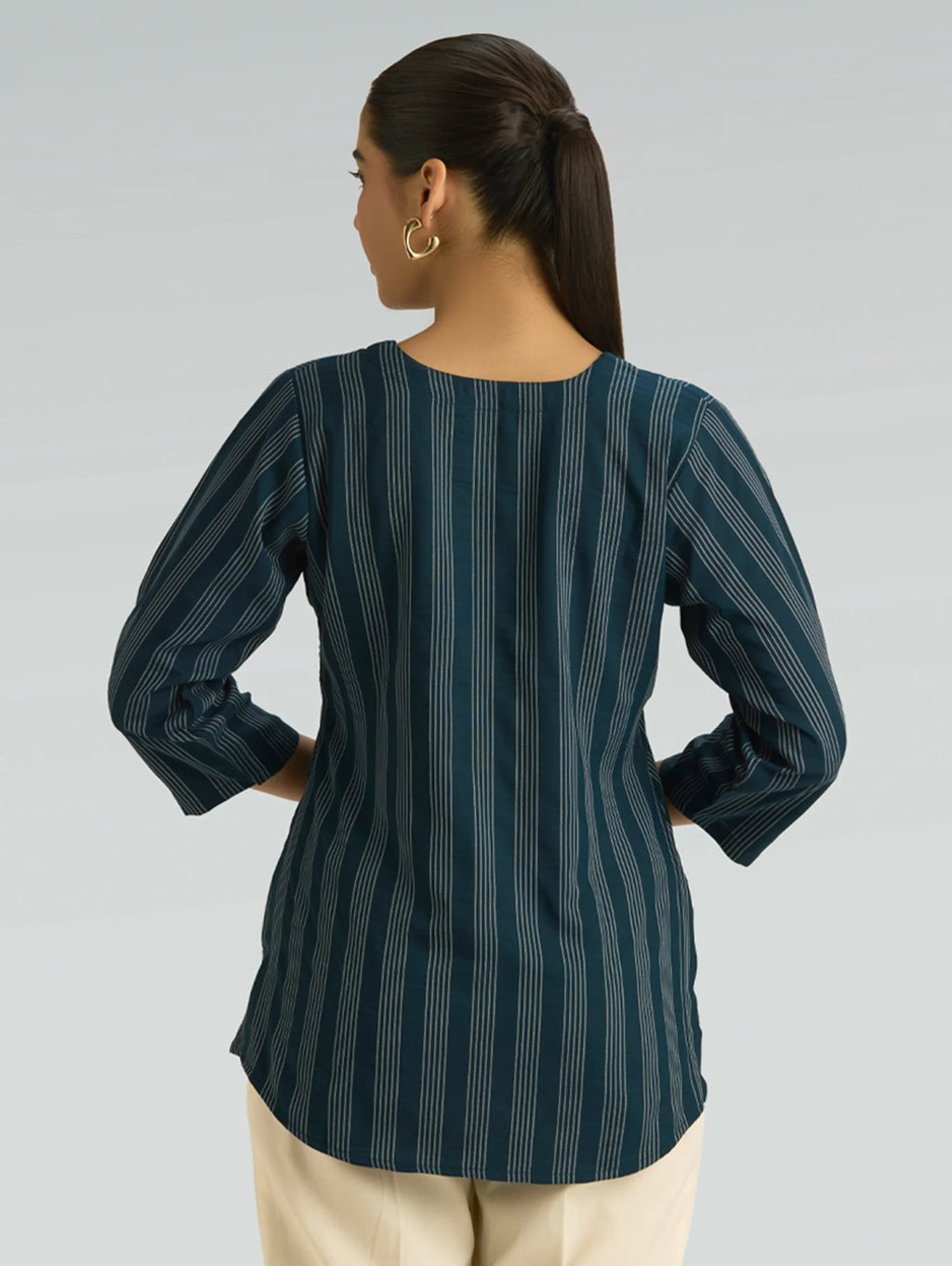 Dark Blue Striped Viscose Short Kurti