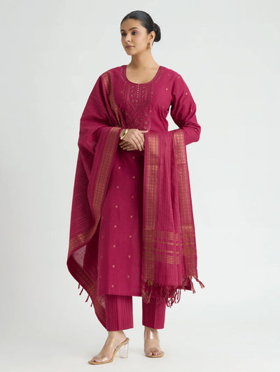 Rogue Pink Embroidered Zari-Jamdani Pure Cotton Suit Set with Dupatta