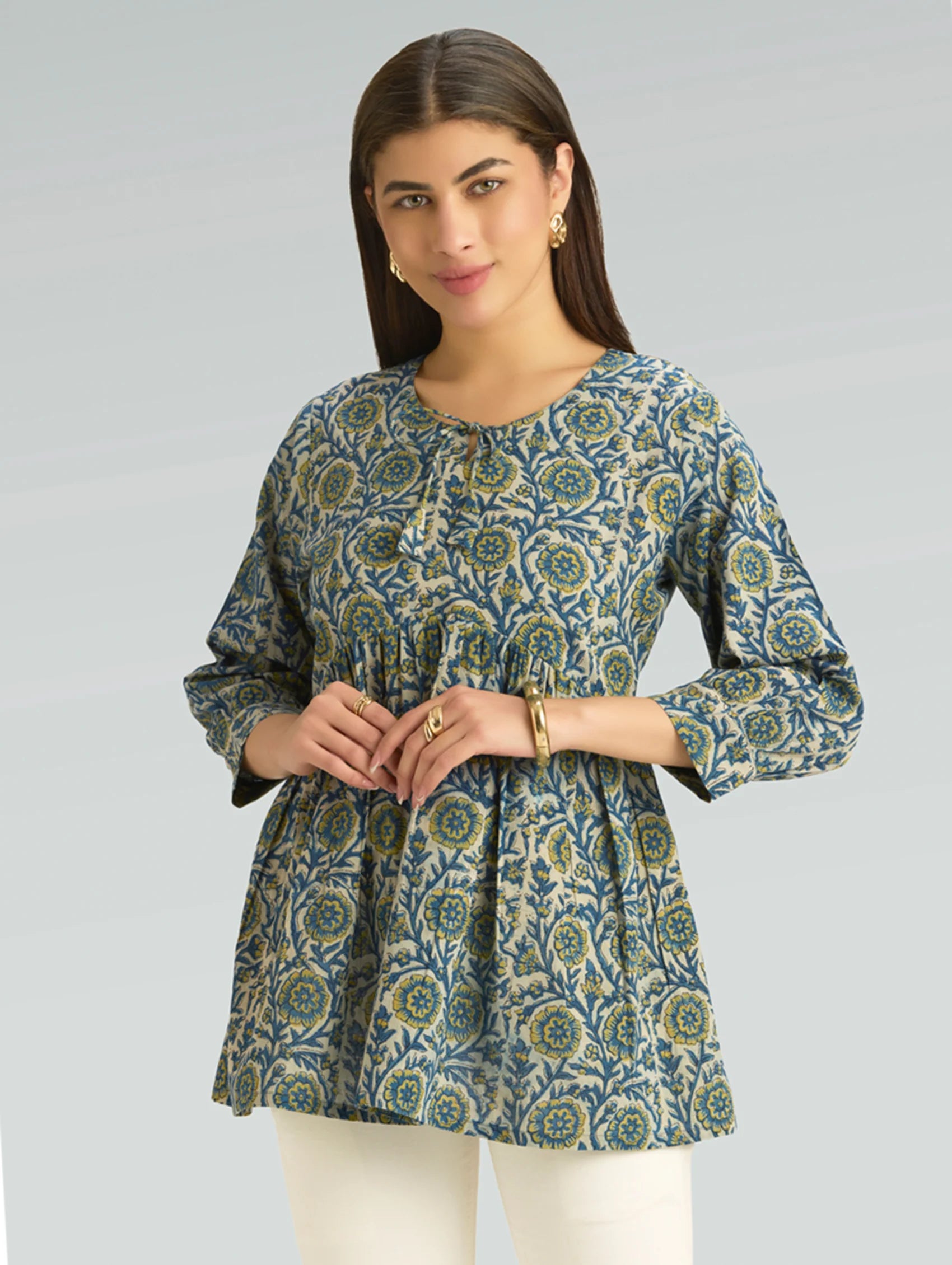 Marble Blue Hand-Block Printed Pure Cotton Tunic