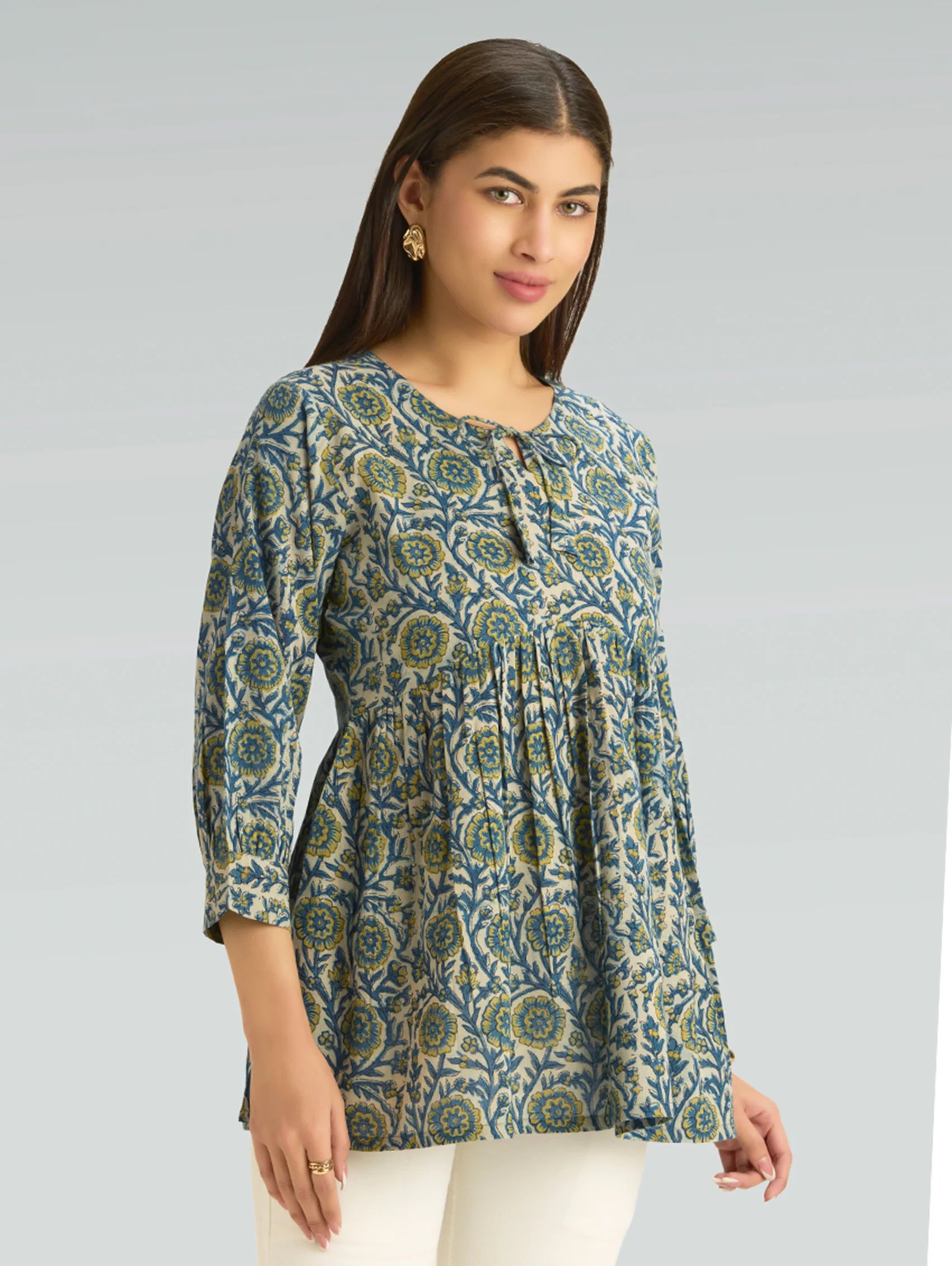 Marble Blue Hand-Block Printed Pure Cotton Tunic