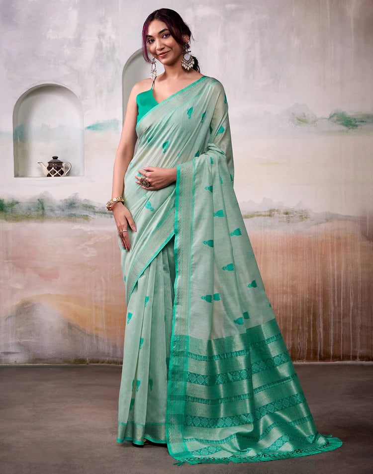Sea Green Cotton Woven Saree