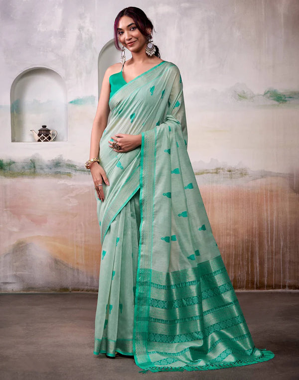 Sea Green Cotton Woven Saree