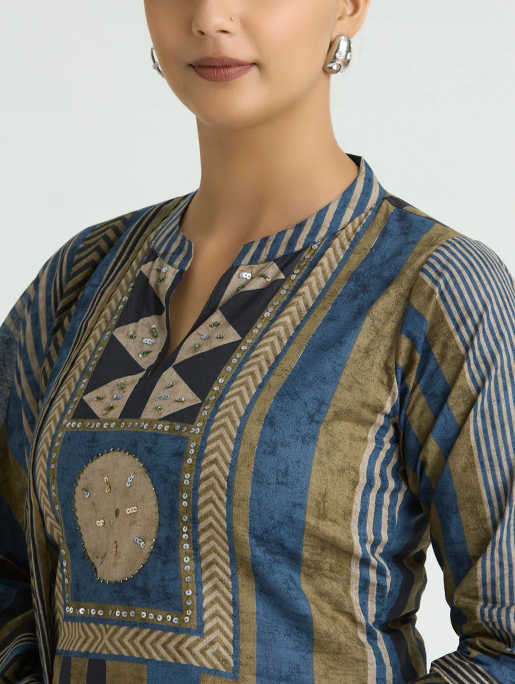 Blue Bayoux Embellished Print Pure Cotton Suit Set with Dupatta