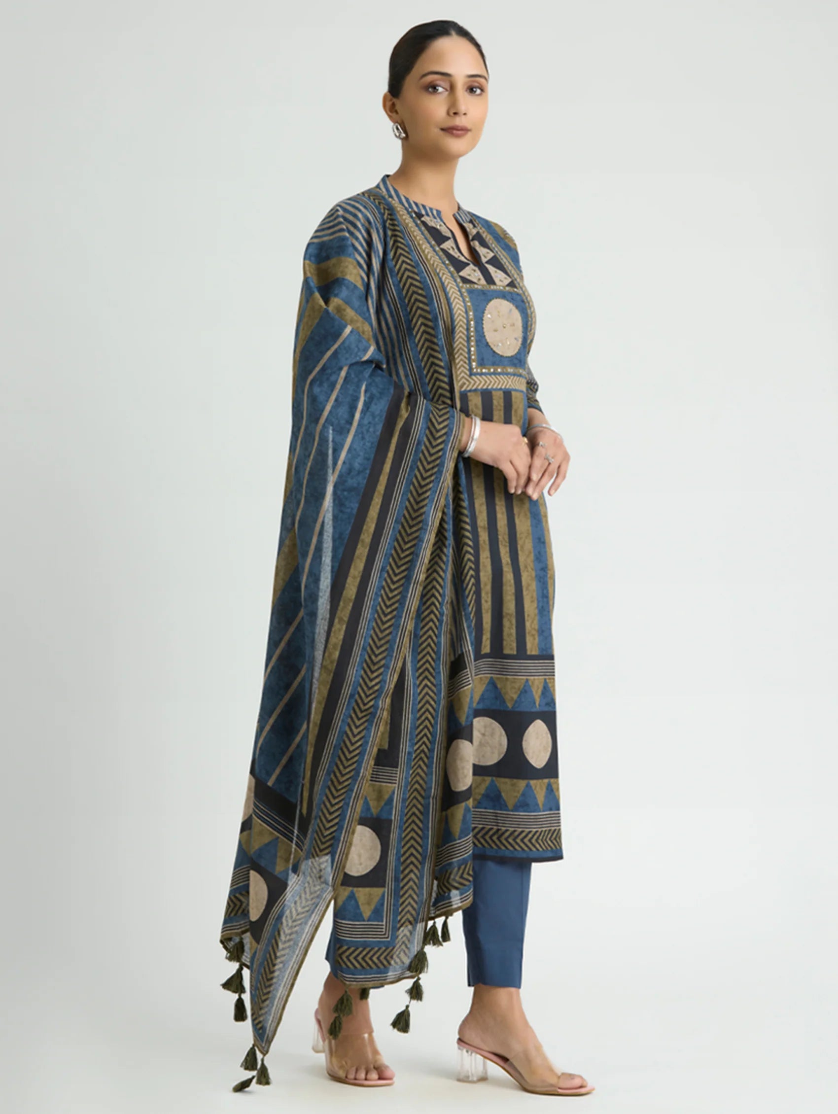 Blue Bayoux Embellished Print Pure Cotton Suit Set with Dupatta
