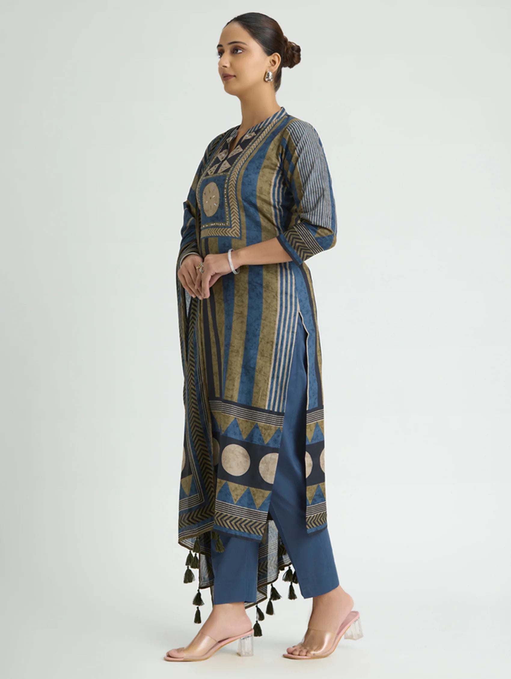 Blue Bayoux Embellished Print Pure Cotton Suit Set with Dupatta