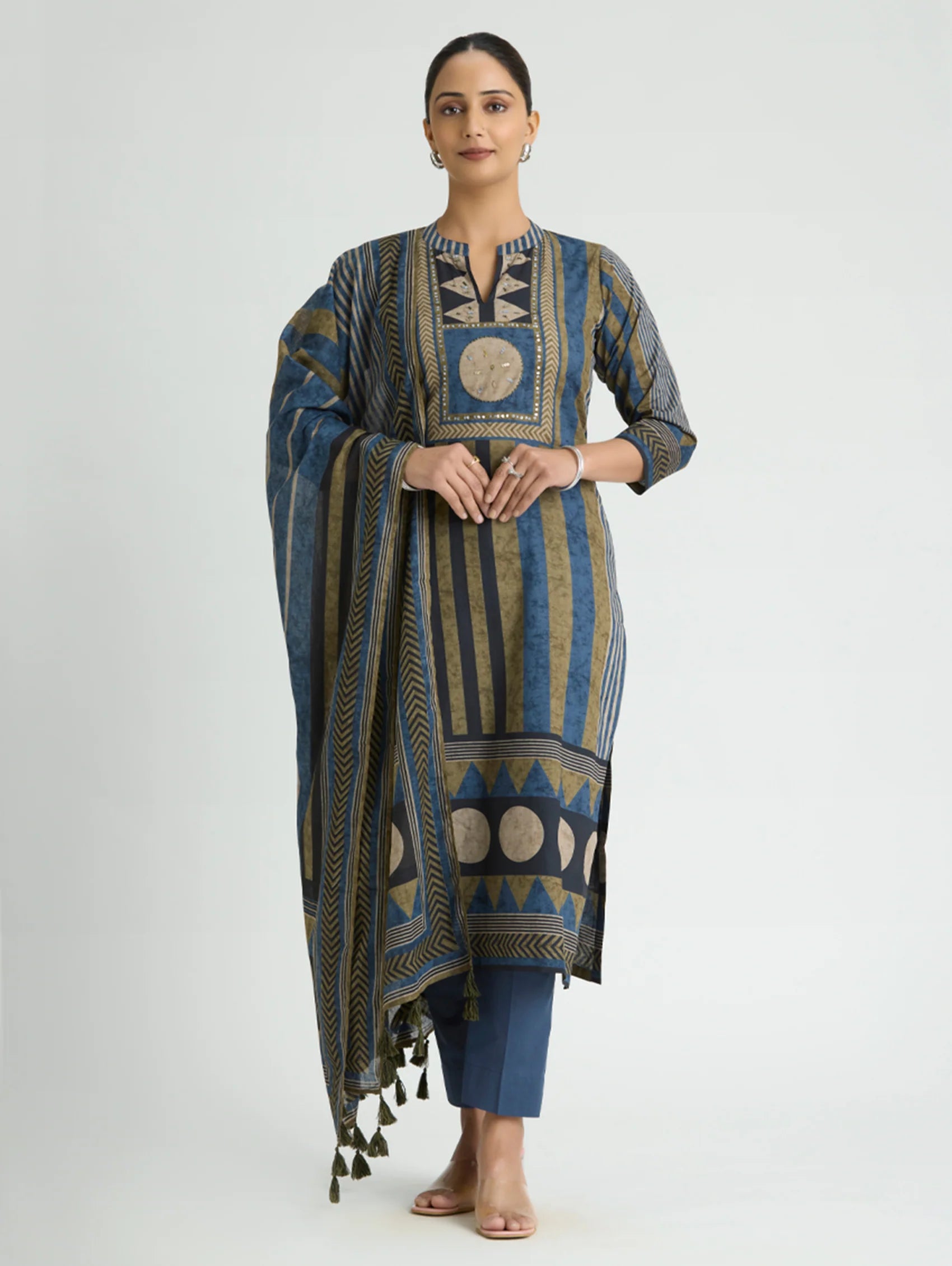 Blue Bayoux Embellished Print Pure Cotton Suit Set with Dupatta