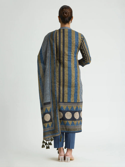 Blue Bayoux Embellished Print Pure Cotton Suit Set with Dupatta