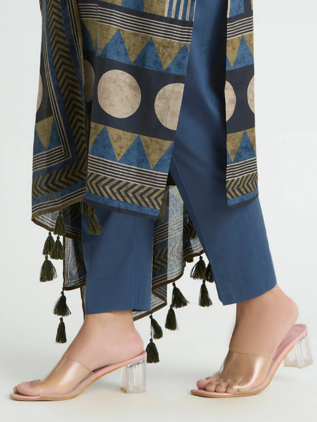 Blue Bayoux Embellished Print Pure Cotton Suit Set with Dupatta