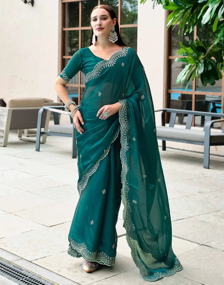 Green Tissue Silk Sequence Embroidery Saree