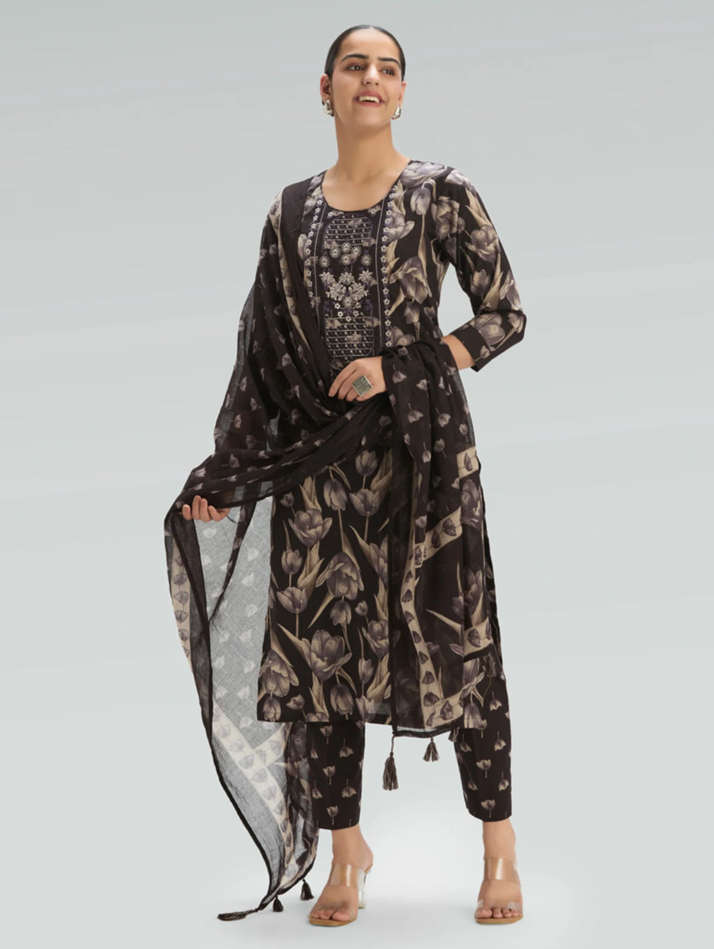 Purple Taupe Embroidered Pure Cotton Suit Set with Dupatta