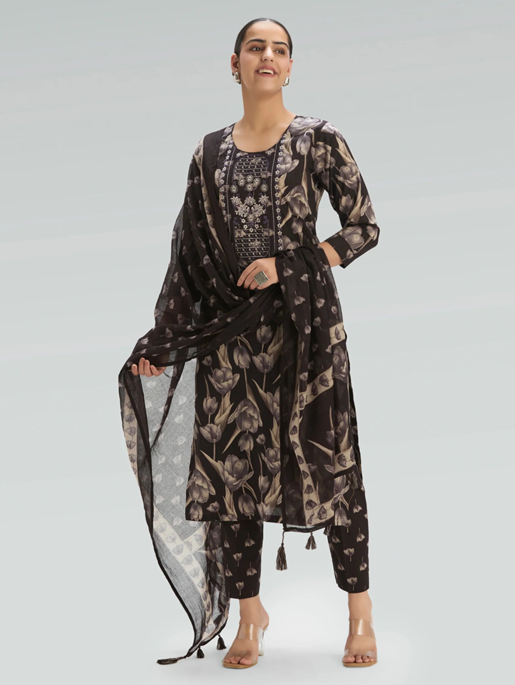 Purple Taupe Embroidered Pure Cotton Suit Set with Dupatta