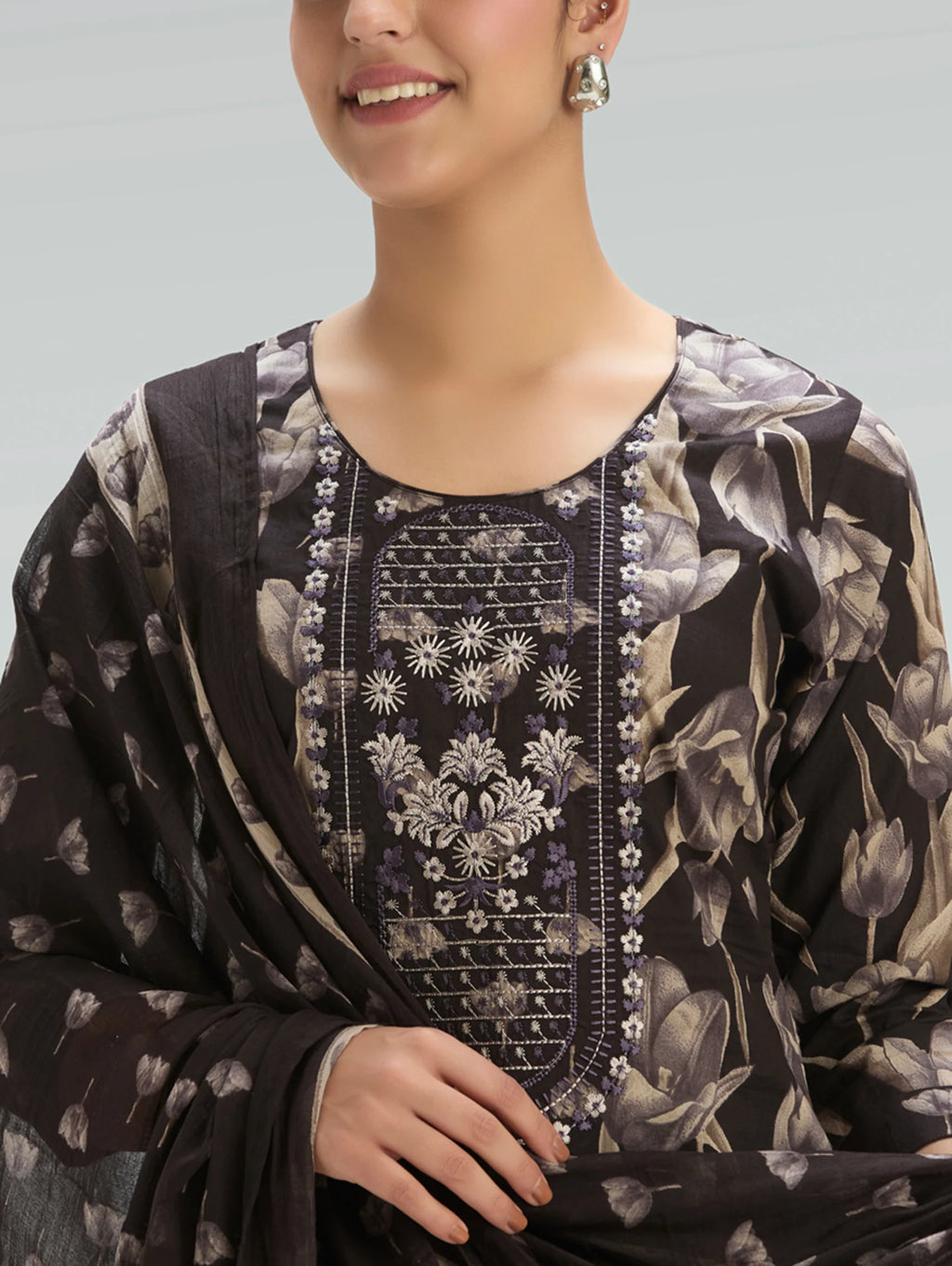 Purple Taupe Embroidered Pure Cotton Suit Set with Dupatta