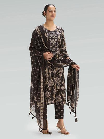 Purple Taupe Embroidered Pure Cotton Suit Set with Dupatta