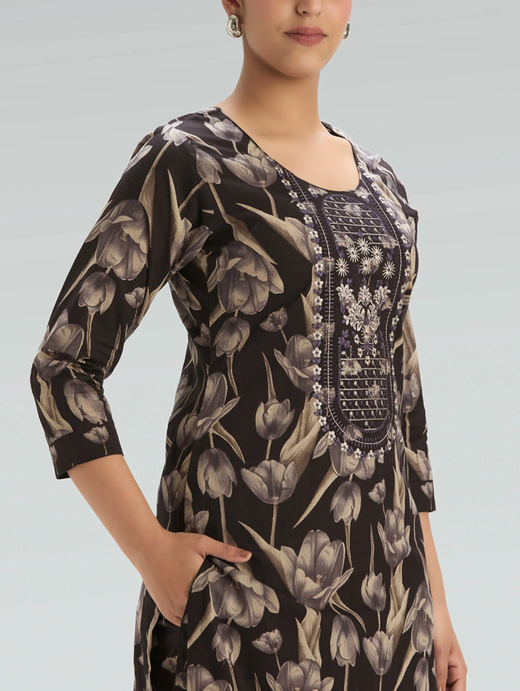 Purple Taupe Embroidered Pure Cotton Suit Set with Dupatta