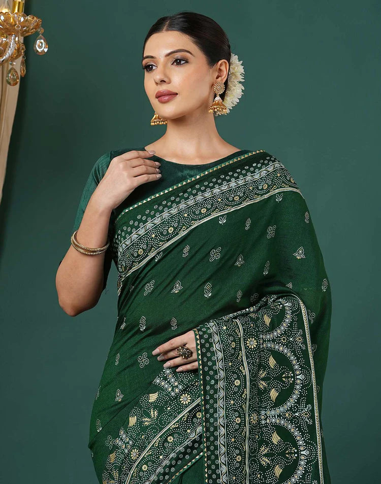 Bottle Green Silk Printed Saree