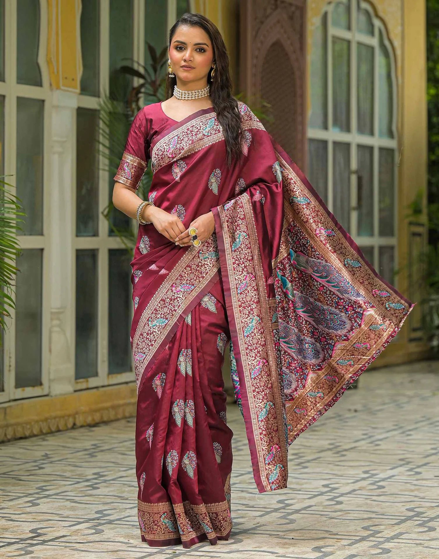 Maroon Silk Woven Banarasi Saree