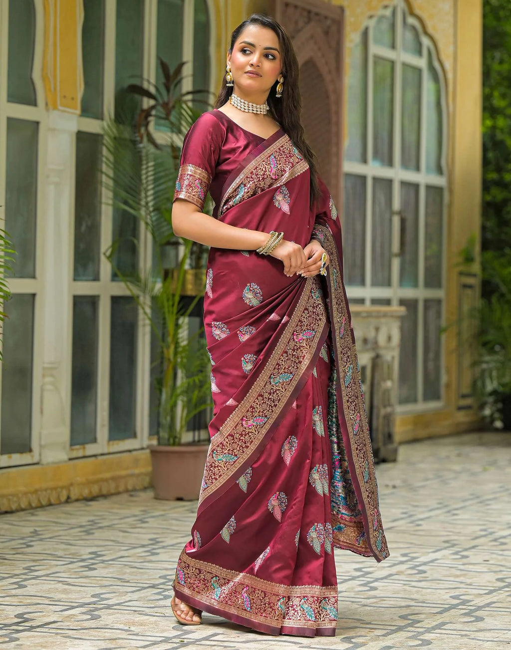 Maroon Silk Woven Banarasi Saree