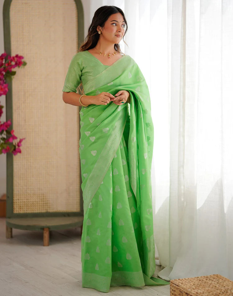 Parrot Green Silk Woven Saree