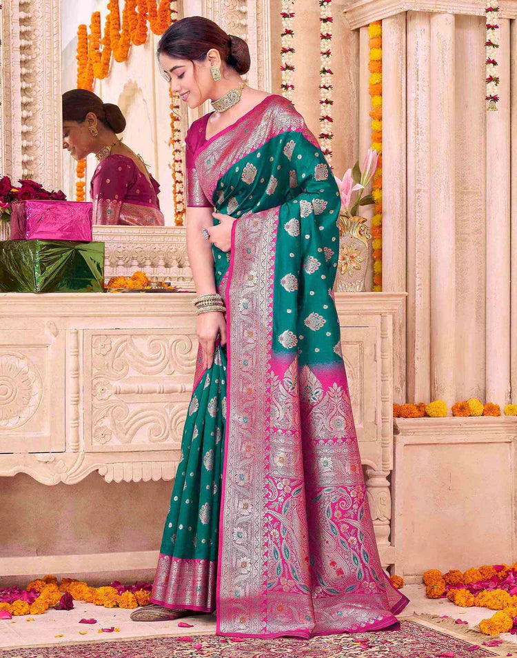 Teal Green Silk Woven Saree