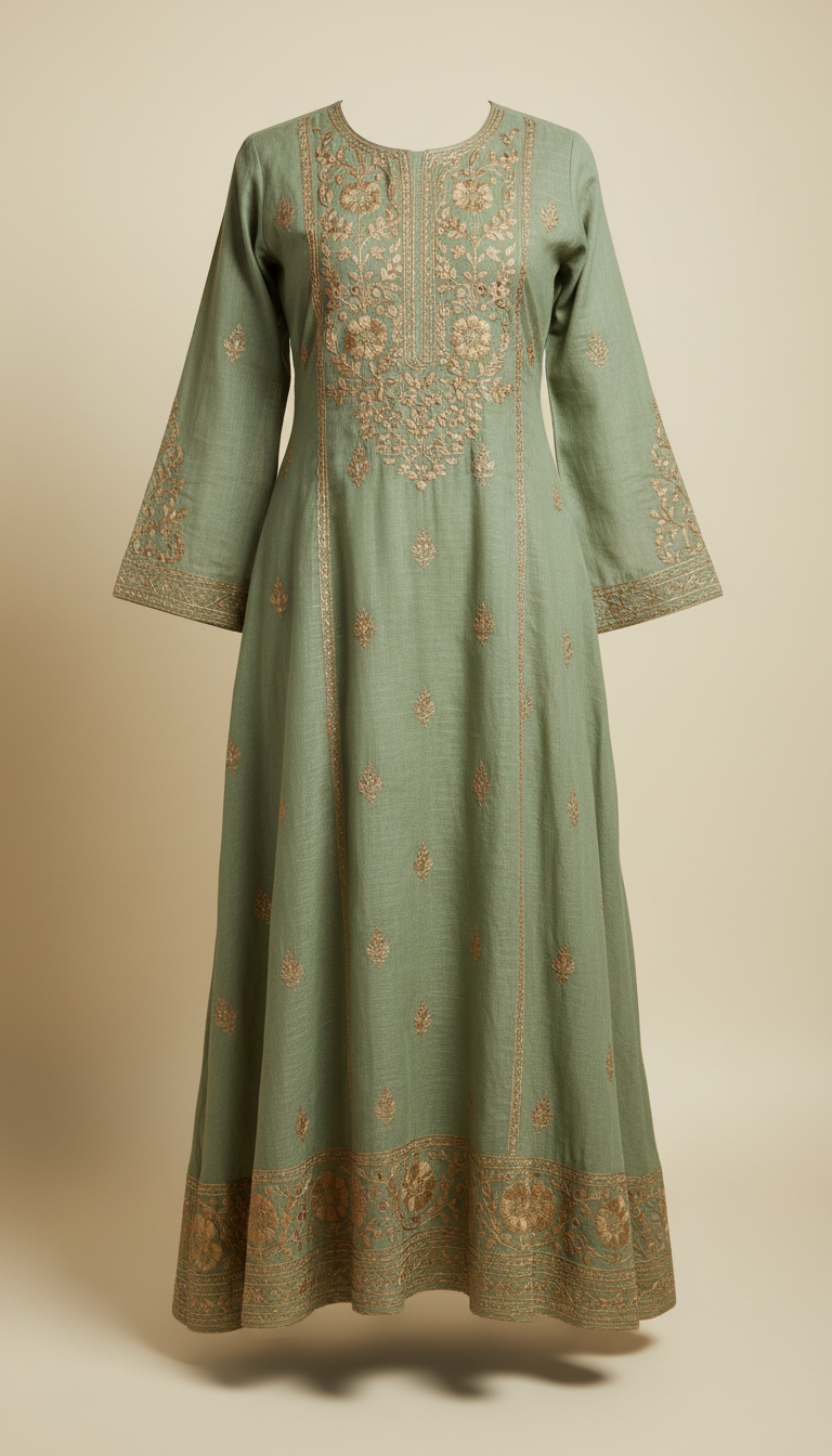 Sage Green Cotton Kurti With Gold Motif