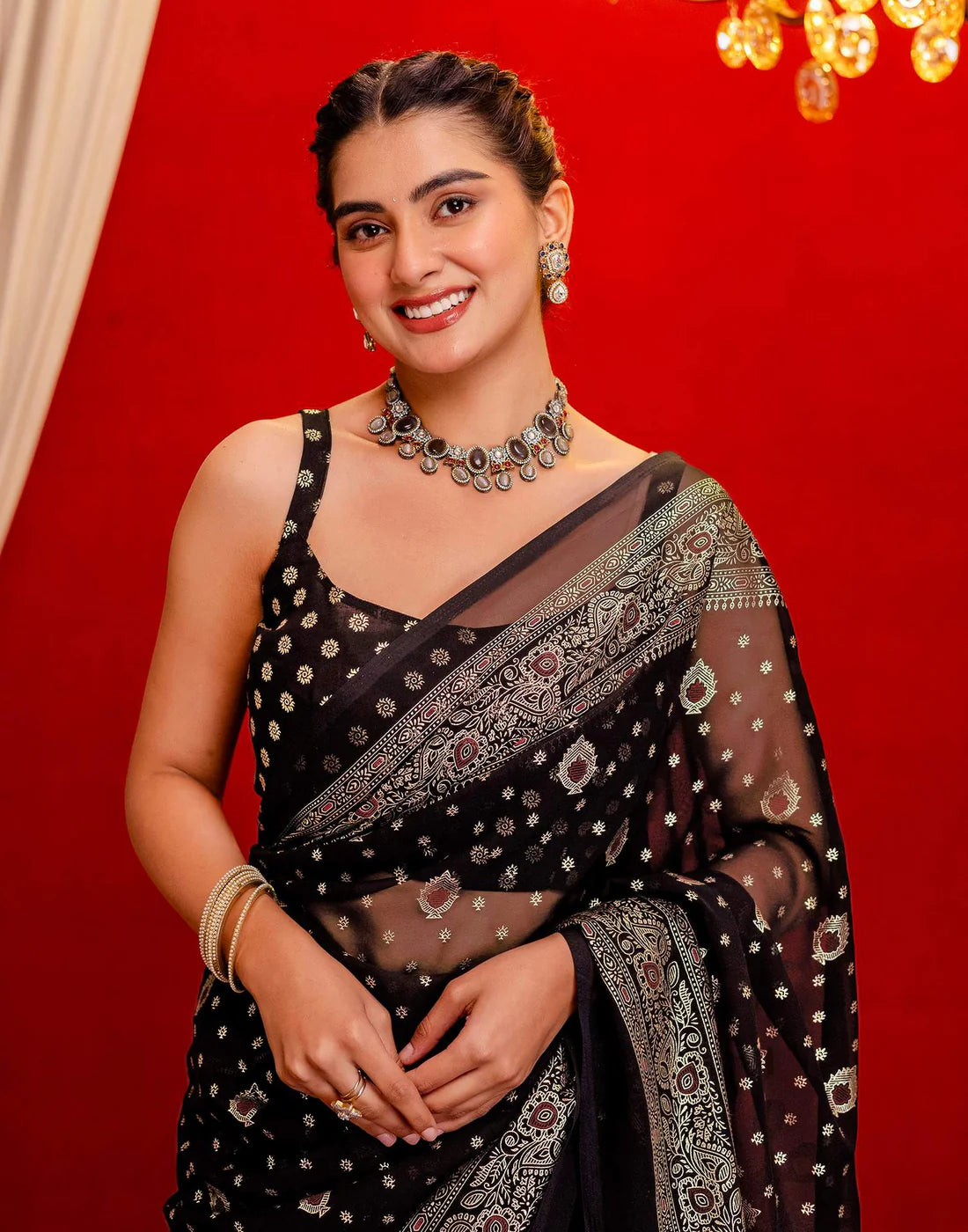 Black Georgette Foil Printed Saree