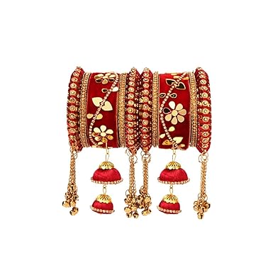 I Jewels Gold Plated Traditional Velvet Matching Embellishments Work & Latkan Detailing Bangles Chuda Bangle Set for Bridal/Women