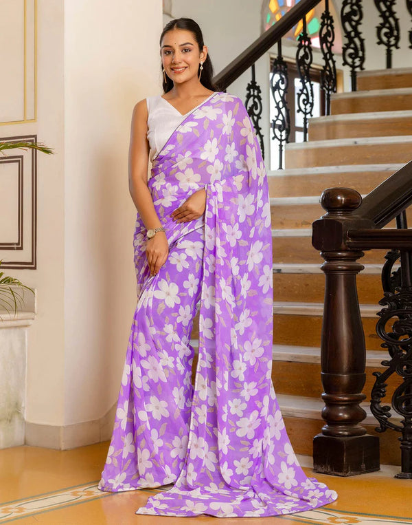 Ready To Wear Lavender Georgette Floral Printed Saree
