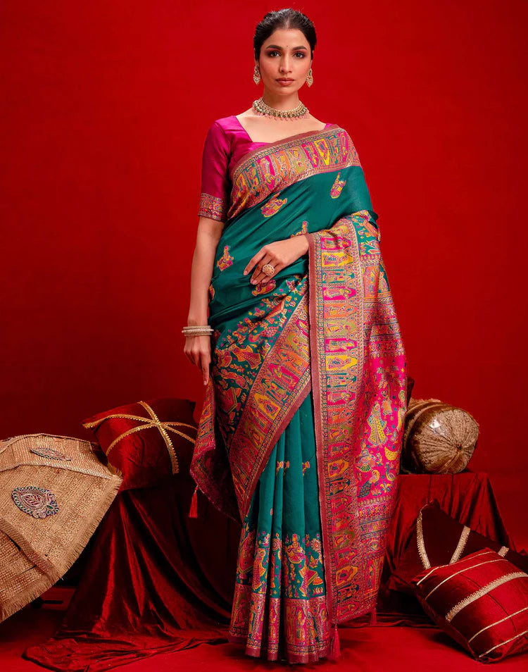 Teal Green Silk Woven Paithani Saree
