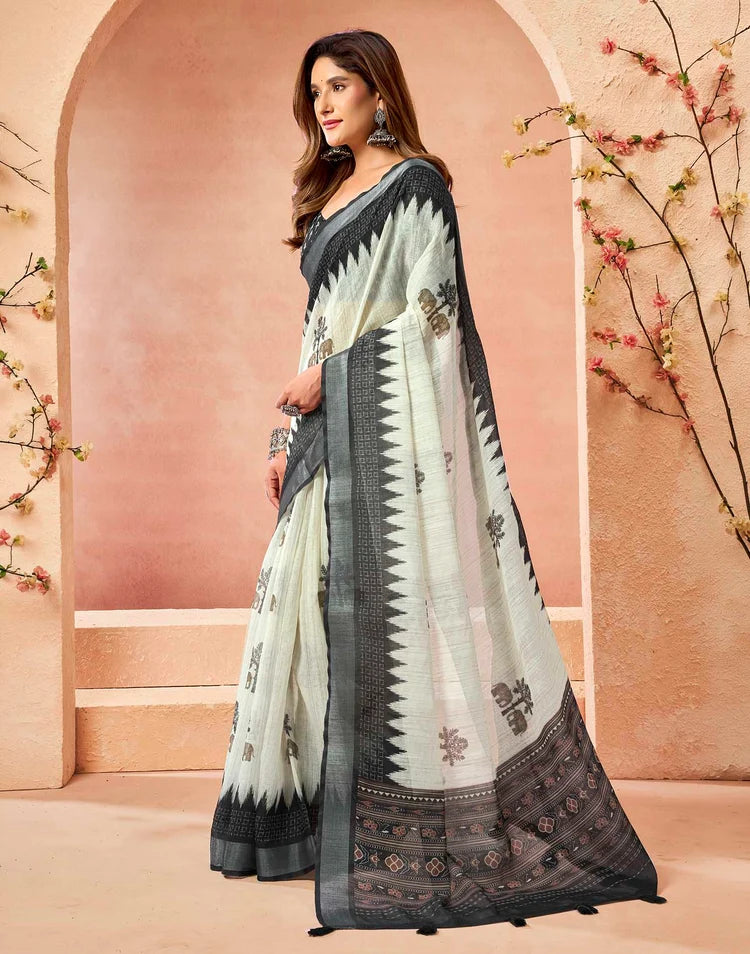 Off White Cotton Printed Printed Saree