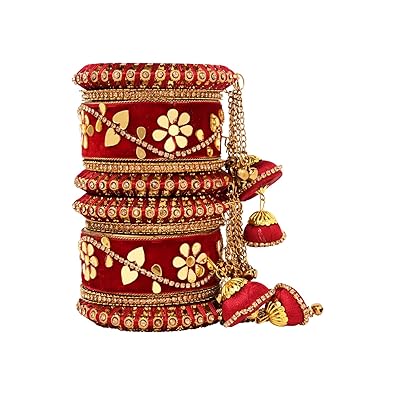 I Jewels Gold Plated Traditional Velvet Matching Embellishments Work & Latkan Detailing Bangles Chuda Bangle Set for Bridal/Women