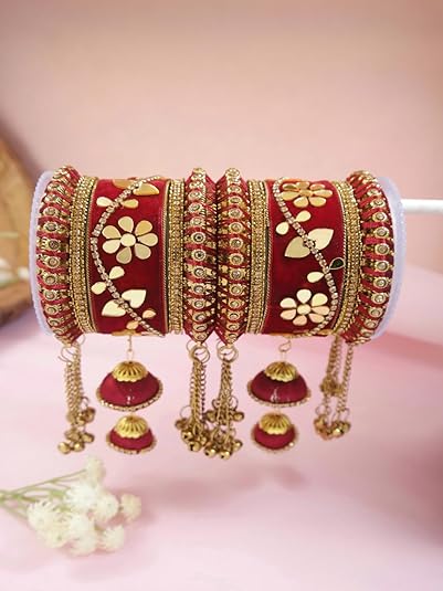 I Jewels Gold Plated Traditional Velvet Matching Embellishments Work & Latkan Detailing Bangles Chuda Bangle Set for Bridal/Women