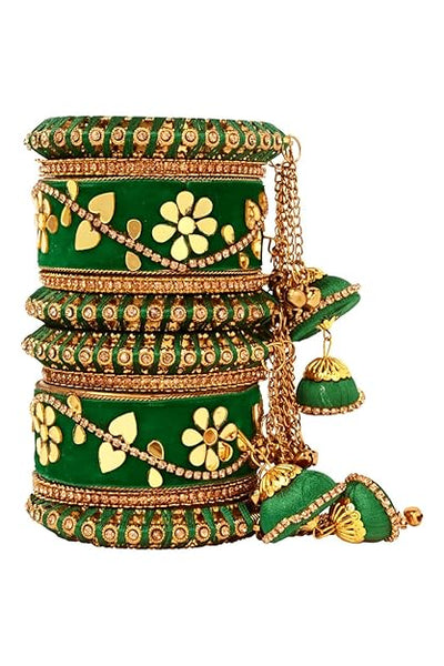 I Jewels Gold Plated Traditional Velvet Matching Embellishments Work & Latkan Detailing Bangles Chuda Bangle Set for Bridal/Women