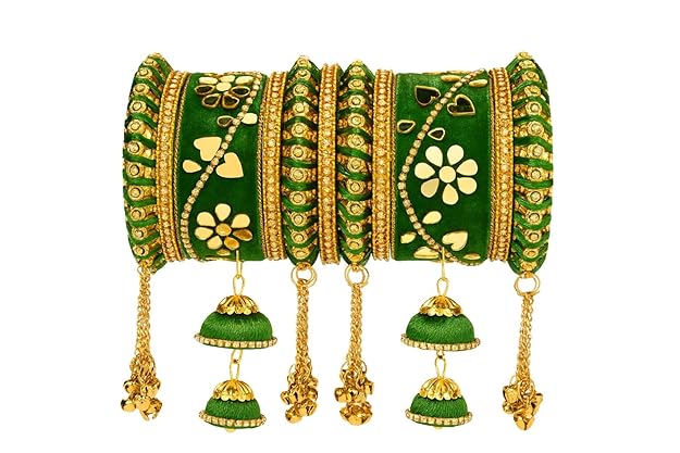 I Jewels Gold Plated Traditional Velvet Matching Embellishments Work & Latkan Detailing Bangles Chuda Bangle Set for Bridal/Women