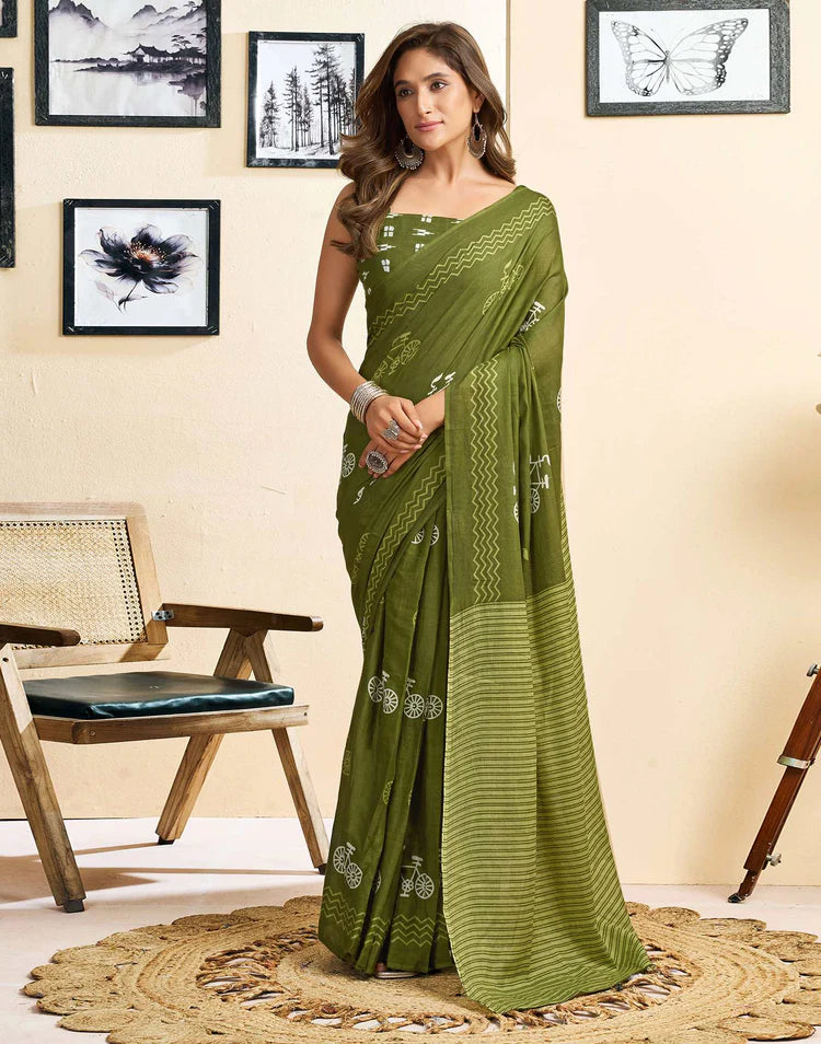 Ready To Wear Green Cotton Printed Saree With Pocket