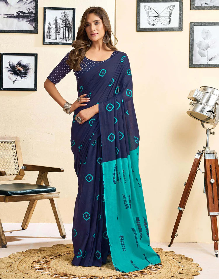 Ready To Wear Blue Cotton Printed Saree With Pocket