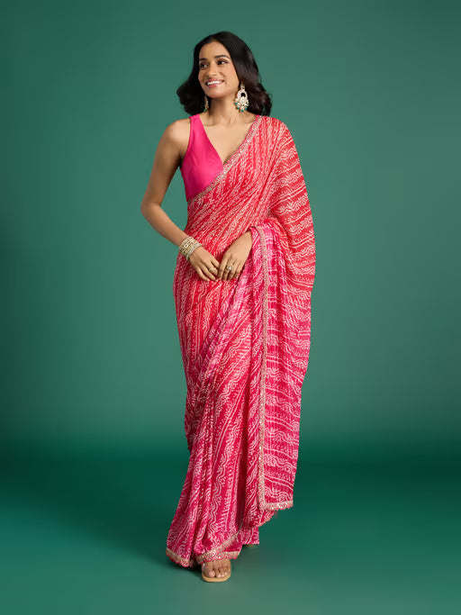 Global Gypsy Bandhani Print & Diamond Fuchsia Saree with Unstitched Blouse