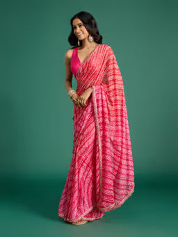 Global Gypsy Bandhani Print & Diamond Fuchsia Saree with Unstitched Blouse