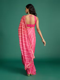 Global Gypsy Bandhani Print & Diamond Fuchsia Saree with Unstitched Blouse