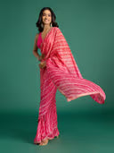 Global Gypsy Bandhani Print & Diamond Fuchsia Saree with Unstitched Blouse