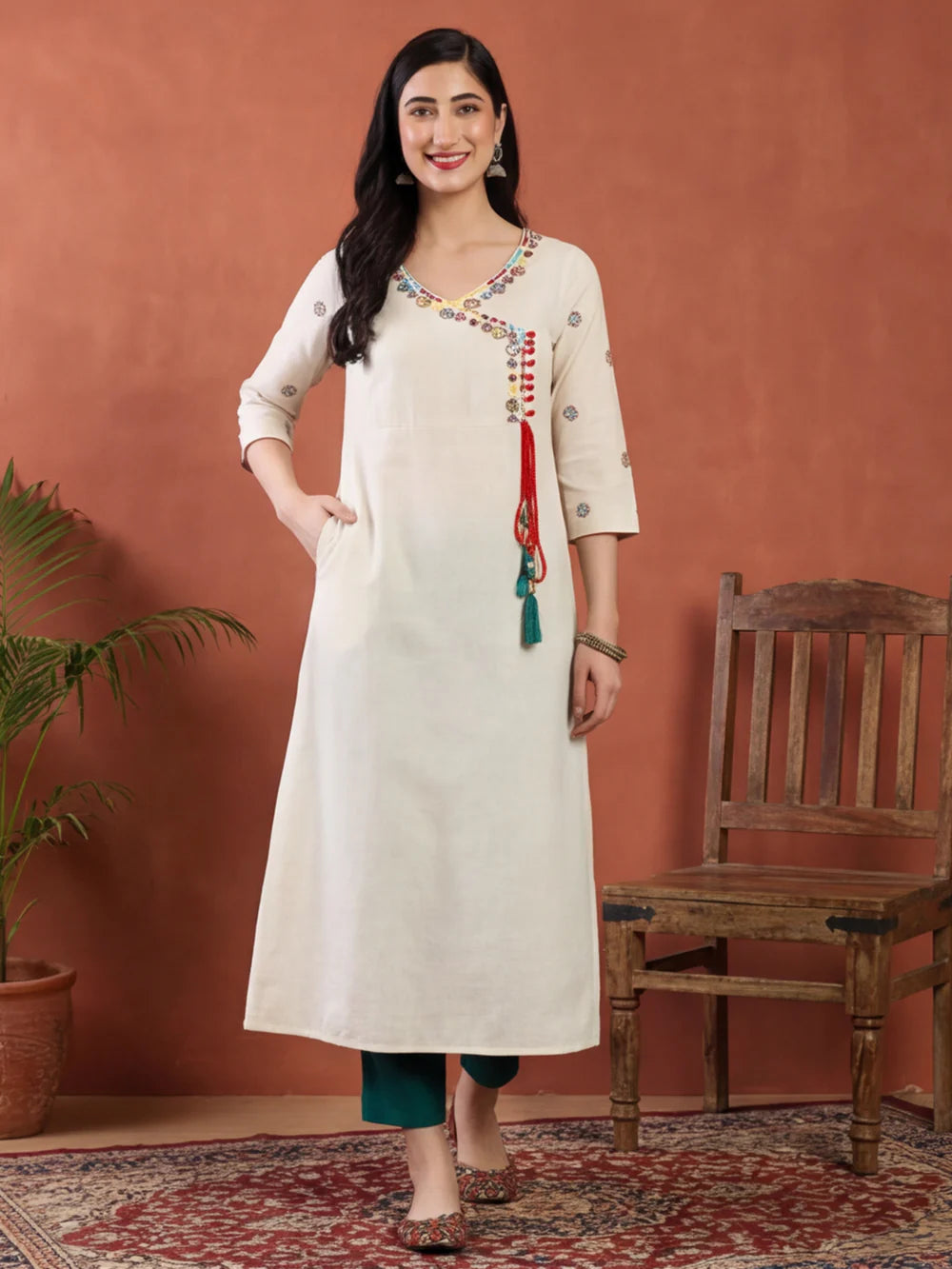 Off White Embroidered A Line Kurta
