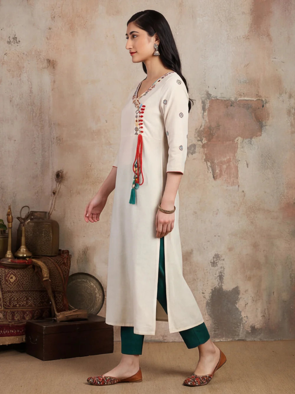 Off White Embroidered A Line Kurta