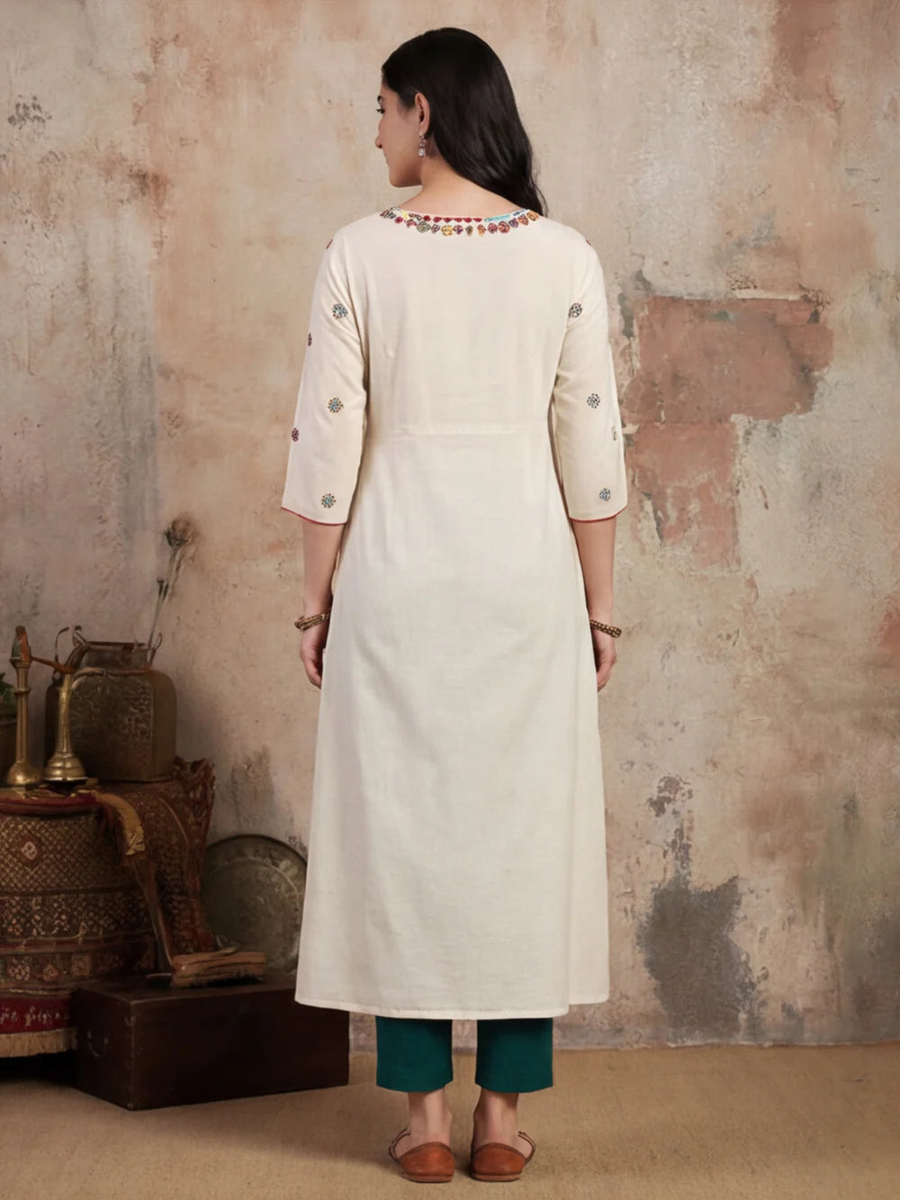Off White Embroidered A Line Kurta