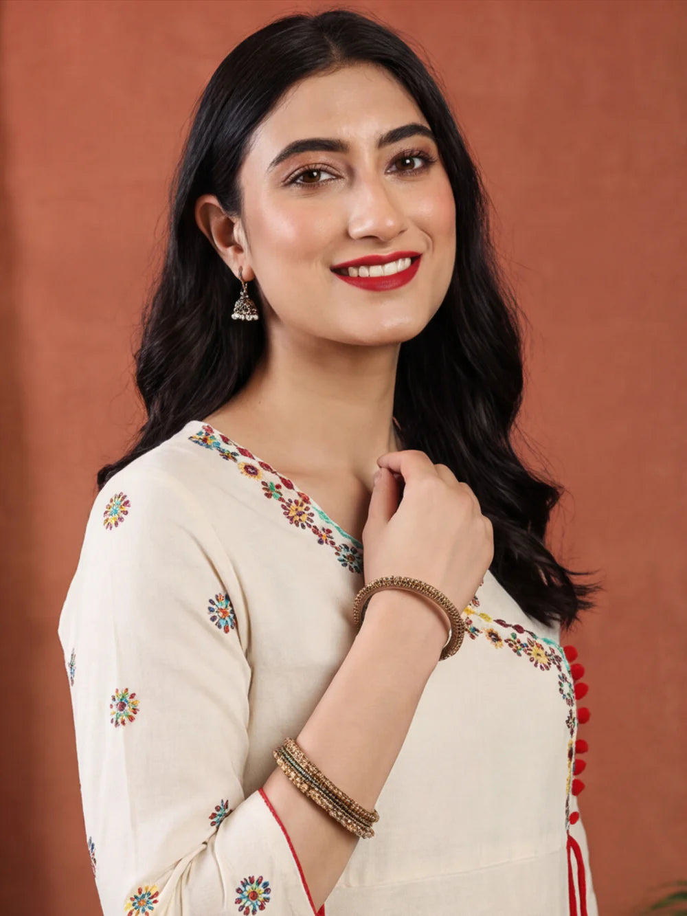 Off White Embroidered A Line Kurta