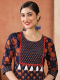 Women Navy Blue Printed Straight Kurta With Thread Work