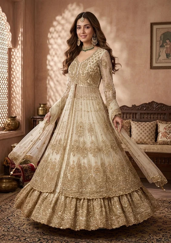 Gold Cording Net Readymade Lehenga