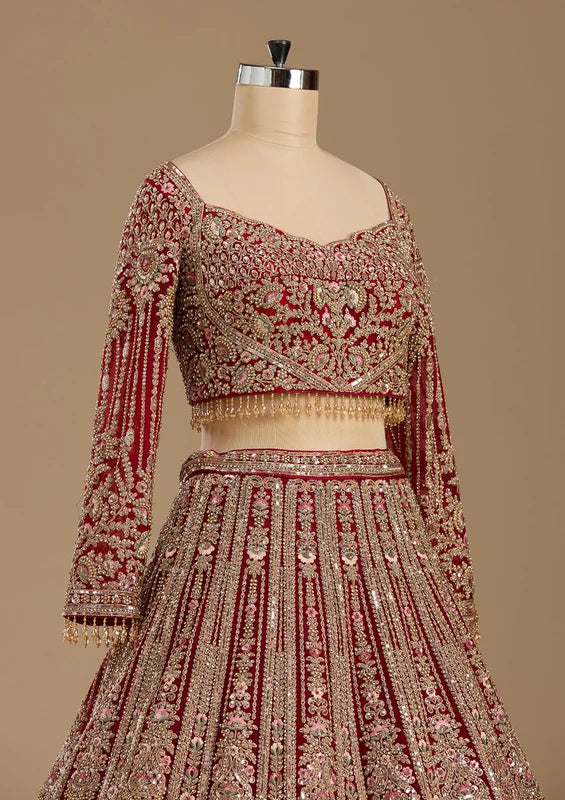 Maroon Sequins Net Readymade Lehenga